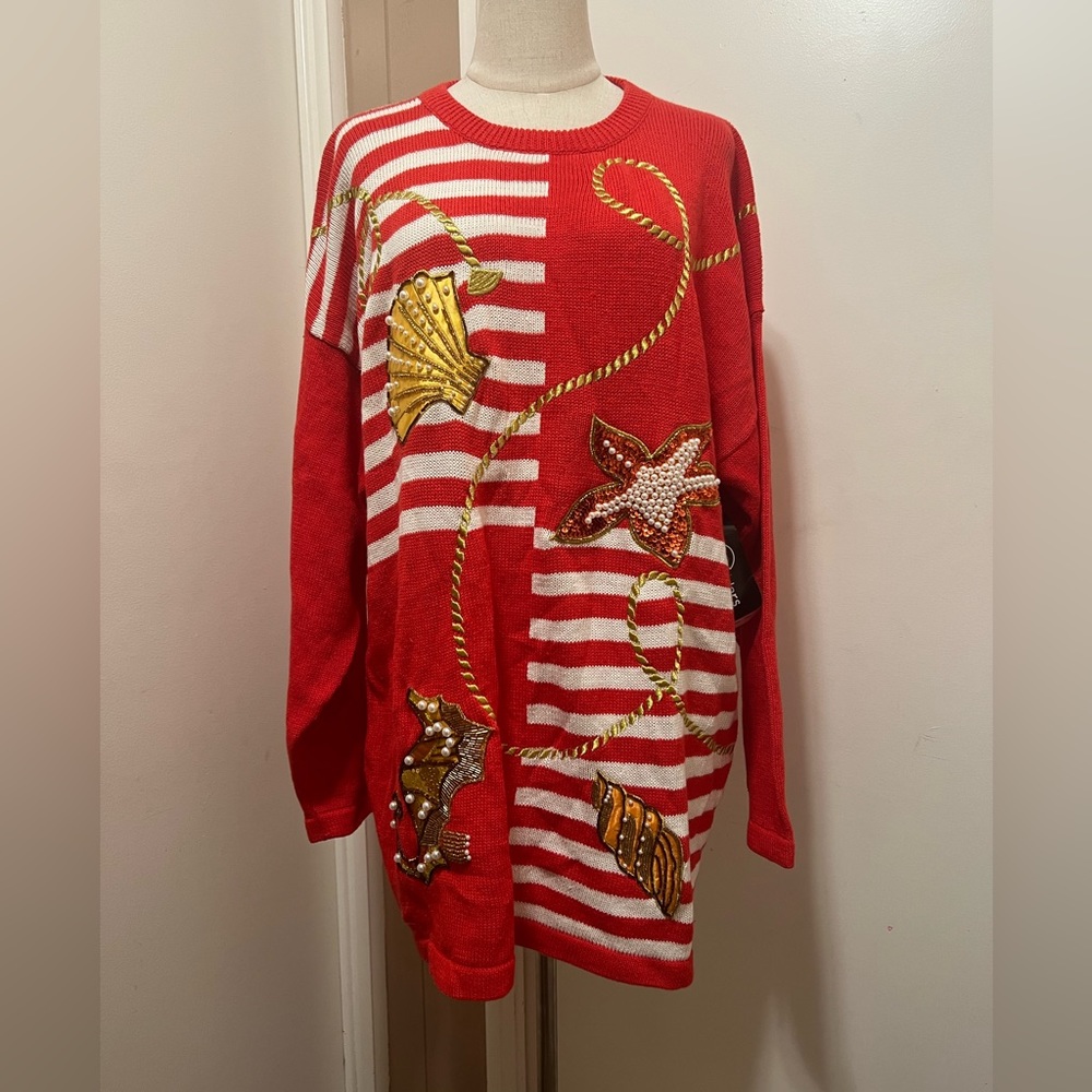 NWT Vtg 1980s Cedars Women’s Red Embellished Sequins Tunic Sweater  L.
